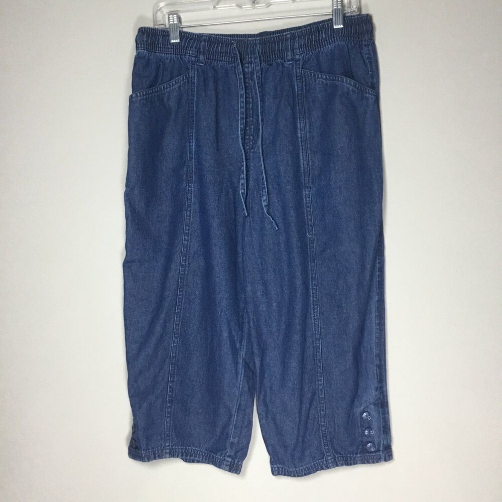 Drawstring blue denim capri pants 100% cotton elastic waist 32”-36” wide leg PL
